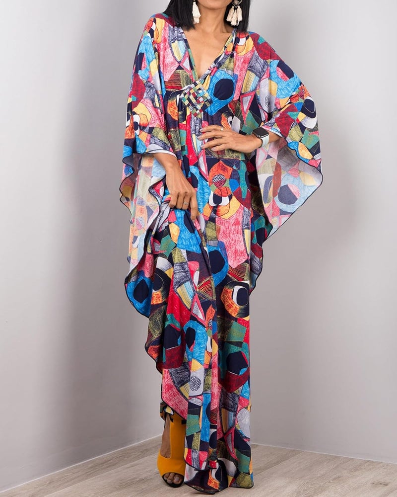 Bsubseach Women Ethnic Print Kaftan Beach Dress Plus Size Swimsuit Cover Up - Image 4